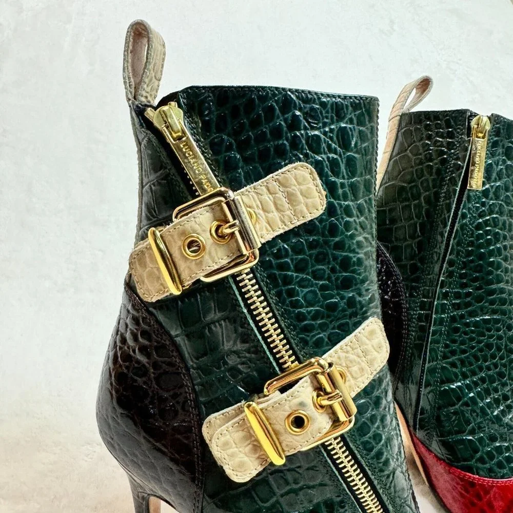 Luciano Padovan Womens Boots High Heel Shoes Red & Green Crocodile Italy Size 36 - Picture 7 of 16
